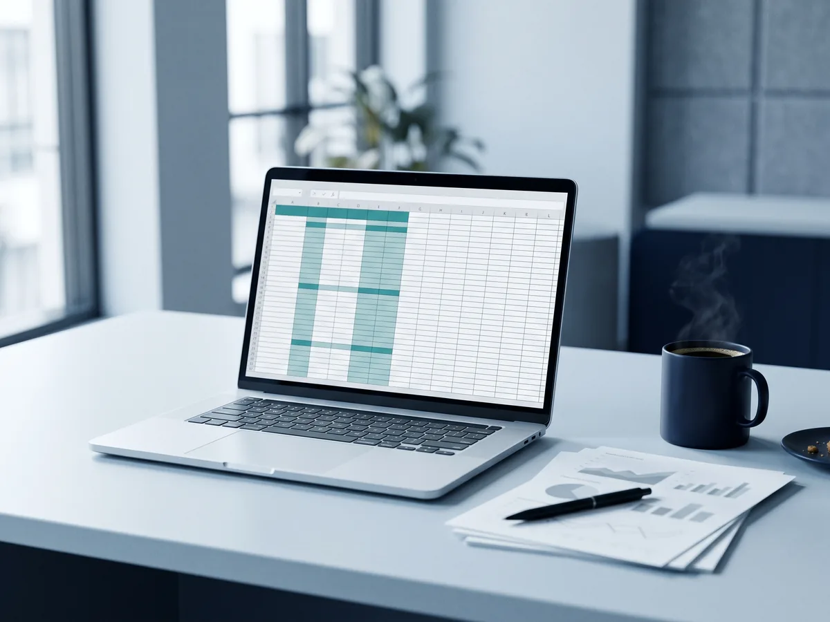 A desk with a laptop showing a financial model spreadsheet, printed charts and a cup of coffee