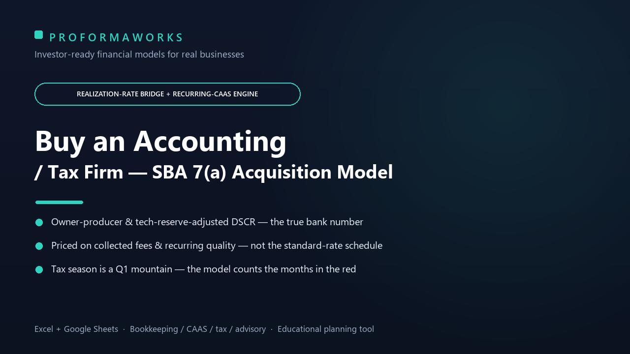 Accounting / Bookkeeping / Tax Firm Acquisition & SBA Underwriting Financial Model — Realization-Rate Bridge, Recurring CAAS Book, Tax-Season Cash Curve & DSCR (Excel + Google Sheets)