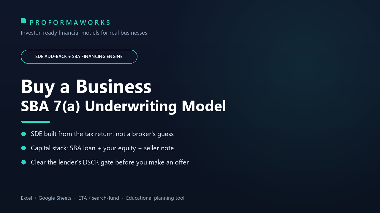 Small Business Acquisition (ETA) Underwriting Financial Model — SBA 7(a), SDE & DSCR (Excel + Google Sheets)
