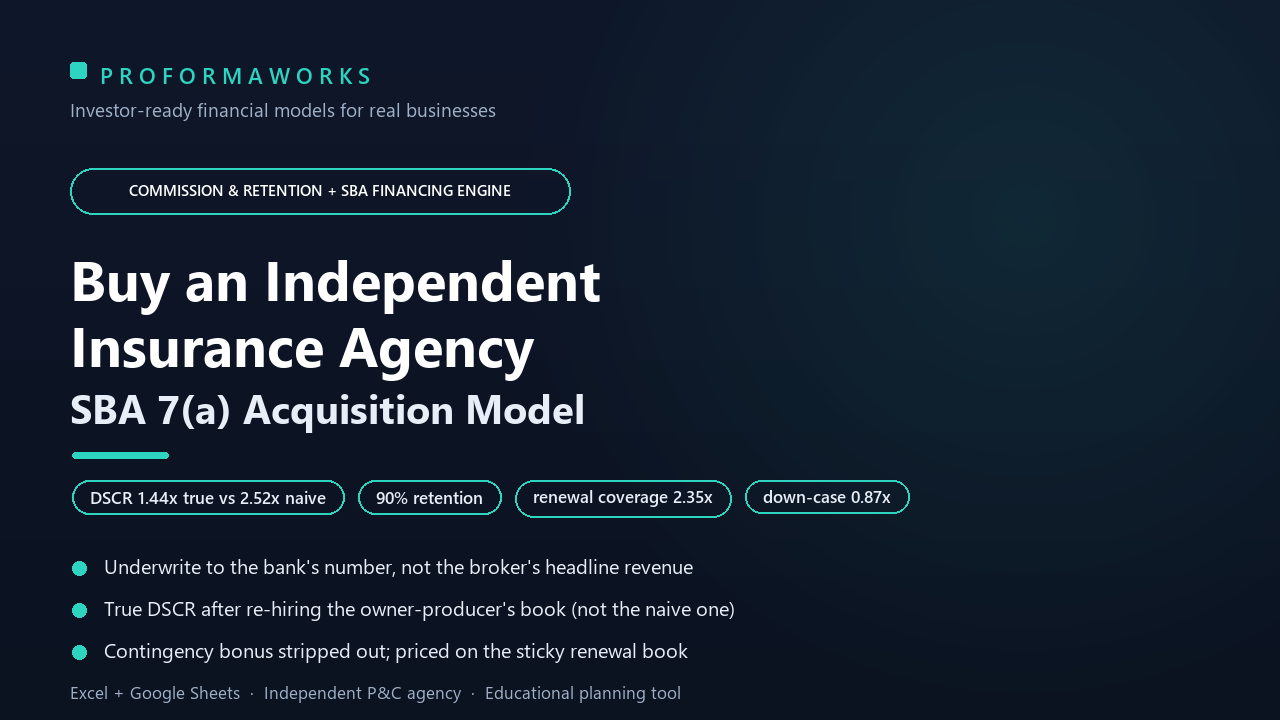 Independent Insurance Agency Acquisition & SBA Underwriting Financial Model — Commission Retention, Contingency Exclusion, DSCR (Excel + Google Sheets)