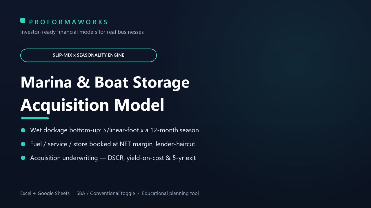 Marina & Boat Storage Acquisition & Underwriting Financial Model — Slip-Mix, Seasonality & Fuel-at-Margin (Excel + Google Sheets)