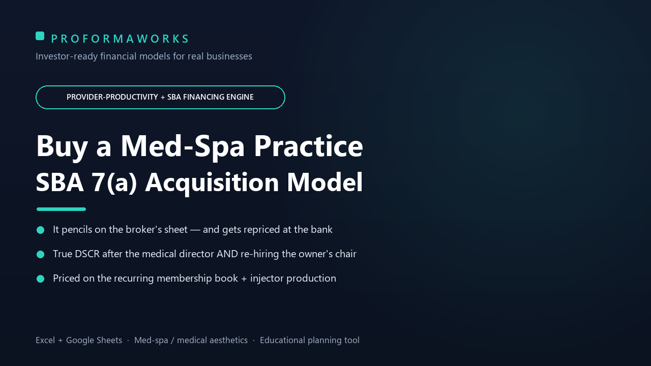 Med-Spa / Medical Aesthetics Acquisition & SBA Underwriting Financial Model — Injector Productivity, Medical-Director & Owner Add-Backs, DSCR (Excel + Google Sheets)