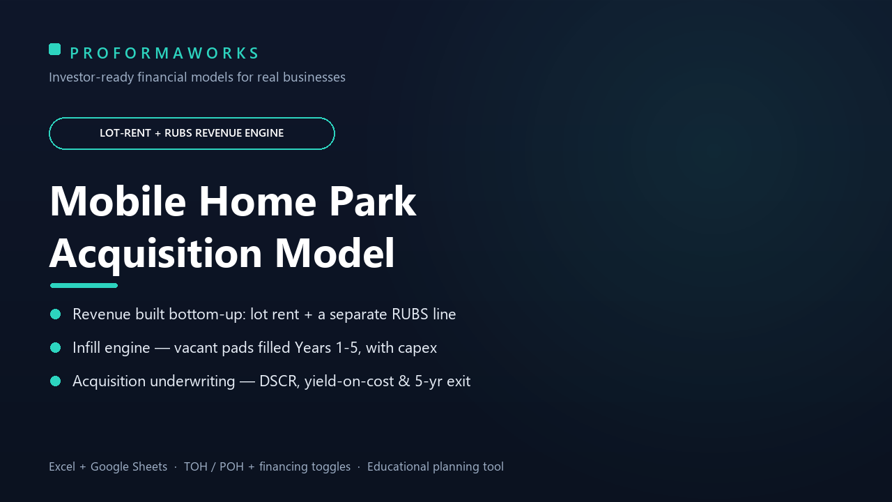 Mobile Home Park Acquisition & Underwriting Financial Model — Lot Rent, RUBS & Infill (Excel + Google Sheets)