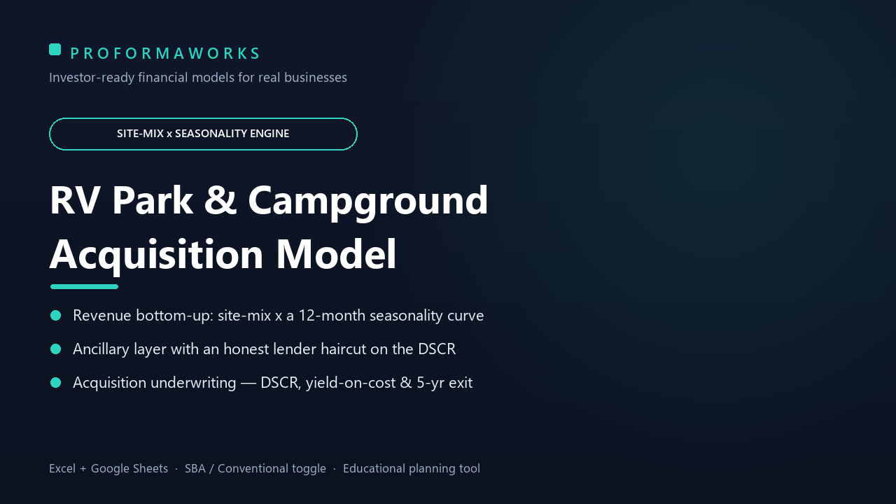 RV Park & Campground Acquisition & Underwriting Financial Model — Site-Mix, Seasonality & Ancillary (Excel + Google Sheets)