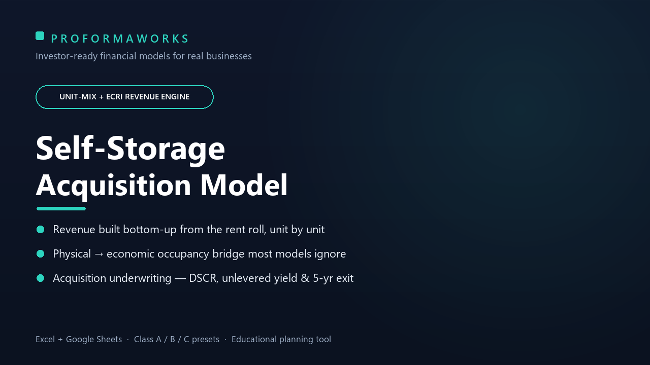 Self-Storage Acquisition & Underwriting Financial Model — Unit-Mix + ECRI Revenue Engine (Excel + Google Sheets)