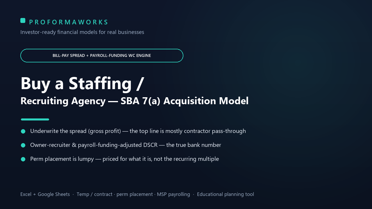 Staffing / Recruiting Agency Acquisition & SBA Underwriting Financial Model — Bill-Pay Spread, DSO / Payroll-Funding Working Capital & DSCR (Excel + Google Sheets)