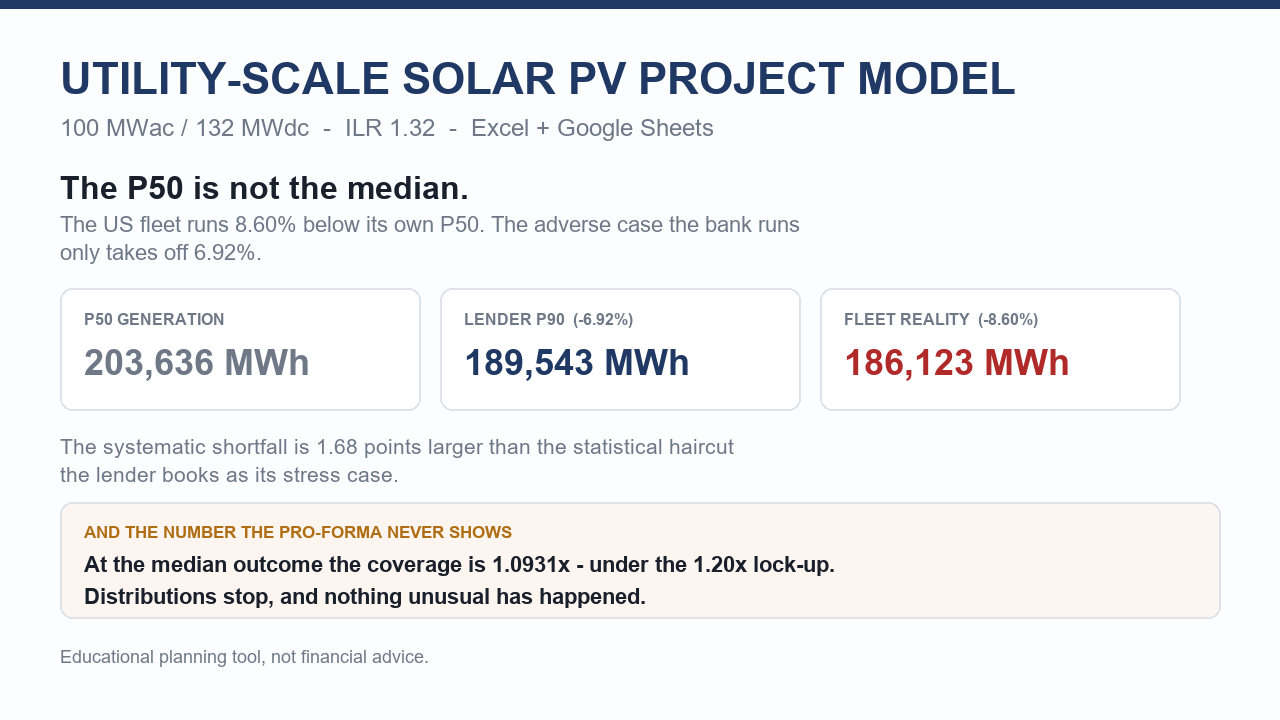 Utility-Scale Solar PV Project Financial Model - Sculpted Debt Sizing on an Empirically Corrected P50, ITC + MACRS & DSCR (Excel + Google Sheets)
