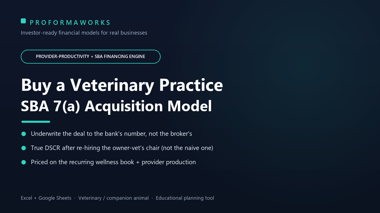 Veterinary Practice Acquisition & SBA Underwriting Financial Model — Provider Productivity, Owner-Vet Add-Back, DSCR (Excel + Google Sheets)